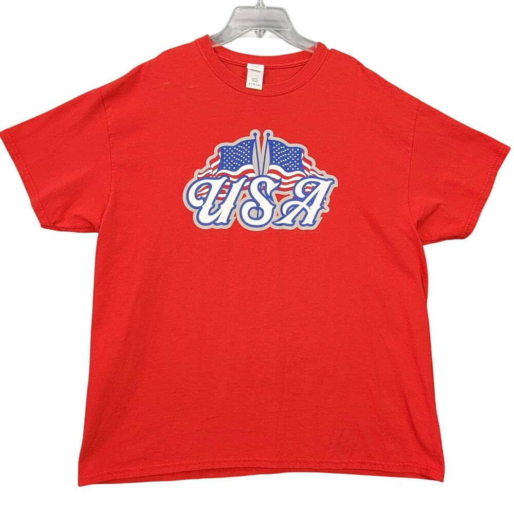Red White Blue USA Classic Tee Shirt Short Sleeves Crew Neck Gildan Women XL Top